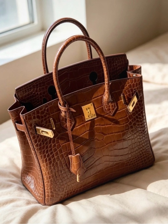 Handbags - Top handle croc style satchel leather bag brown /gold hardware